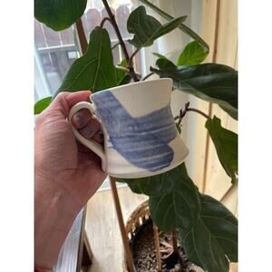 Signed pottery coffee mug blue and white EUC